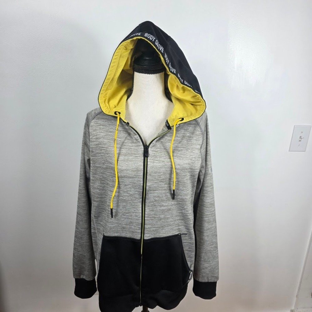 Body Glove Active‎ Hoodie Women Large Gray Yellow Full Zip Space Dye Jacket